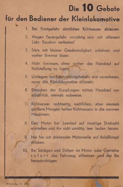Historisches Dokument mit den zehn Geboten für Kleinlokomotivbediener beim Kleinbahnverein Rothenburg.