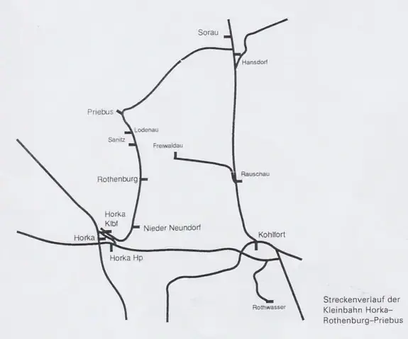 Historischer Streckenverlauf der Kleinbahn Horka-Rothenburg-Priebus vom Kleinbahnverein Rothenburg.