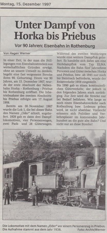 Historischer Zeitungsartikel über die Eisenbahn von Horka nach Priebus mit einer Dampflok aus dem Jahr 1938